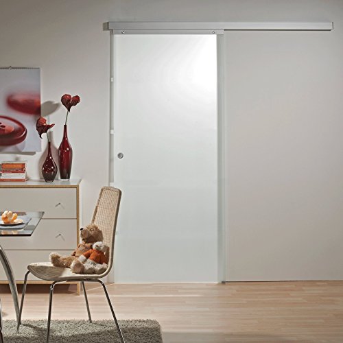 Preisvergleich Produktbild Schiebetür Glas-Schiebetür Zimmertür 880x2035mm Innentür Komplettset mit Laufschiene & Glastür (vollflächig satiniert + Griffmuschel)