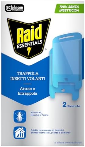 Raid Essentials Trappola Insetti Volanti Doppia Ricarica Antimosche, Antimoscerini e Antitarme, Senza Insetticida, Protezione 24/7 dagli Insetti Volanti, per uso Interno, Confezione da 2 Ricariche