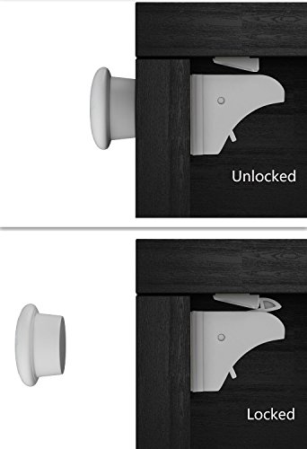 CALISH Baby Safety Cupboard Locks Set No Drilling Magnetic Adhesive Lock for Drawers, Cabinets White (4 Locks+1 Keys)