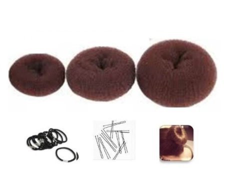 Set of 3 Crowns for Hair Bun "Donut" Brown - 1 small (6cm diameter) + 1 medium (8cm) + 1 large (10cm) + 10 elastics + 10 hairpins by Boolavard ® TM
