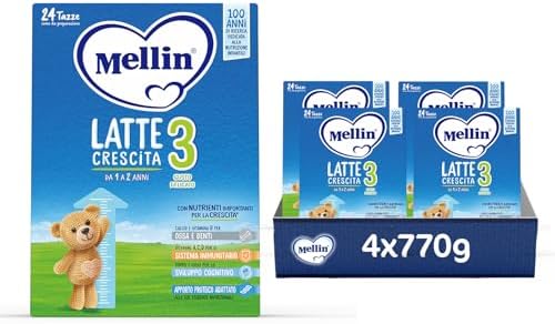 MELLIN 3 - Latte di Crescita in Polvere per Bambini - dal 1° al 2° anno, Gusto Delicato - Confezione da 3080 grammi (4 pezzi da 770g)