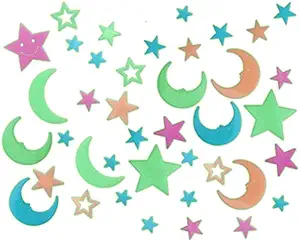 Toyshine 44 Pcs Colorful Glow in The Dark Luminous Moon and Stars Fluorescent Plastic Wall Stickers for Bedroom Living Room, Room Home Art Decor for Kids Little Girls