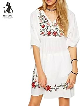 kleid damen Kolylong® Frauen elegant V-Ausschnitt Bandage bestickt Kleid Minikleid Party Kleid lose Strandkleid...