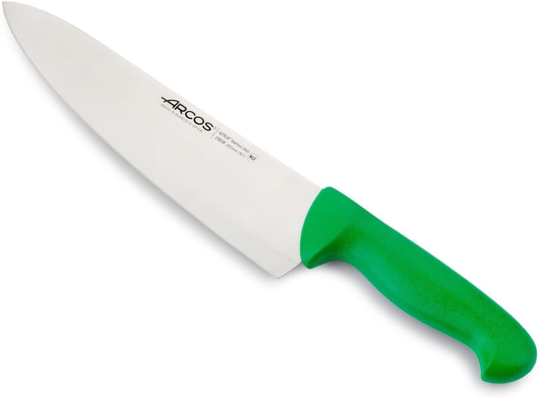 Arcos Serie 2900 - Cuchillo Cocinero Ancho - Hoja de Acero Inoxidable Nitrum de 250 mm - Mango inyectado en Polipropileno Color Verde