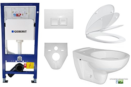 Geberit Duofix Basic UP 100 WC-Vorwandelement WC SET mit Platte Delta 50 weiß, Schallschutzset, Wand WC Keramik mit Lotus-Biotech-Beschichtung ASLEP01B und WC-Sitz Absenkautomatik