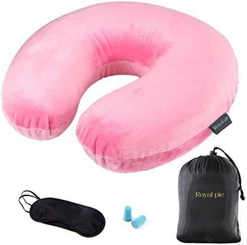 RoyalPie -Travel Pillow- Memory Foam -Washable Velvet Cover -Carrying Case -Neck Support Cervical Pillow (Pink) with EarPlugs, Eye Mask, and Drawstring Bag
