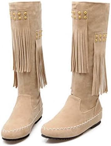 Women's matte PU tassels rivets Low heels large size boots High tube boots , beige , 45