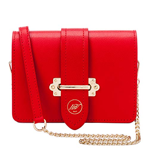 Ira del Valle, Elegante Bandolera y Bolso de Cintura Mujer y Niña, Pochette de Moda con Cadena, Pequeño Bolso de Mano, Clutch de Piel Auténtica, Modelo Roma, Made in Italy, Color Rojo