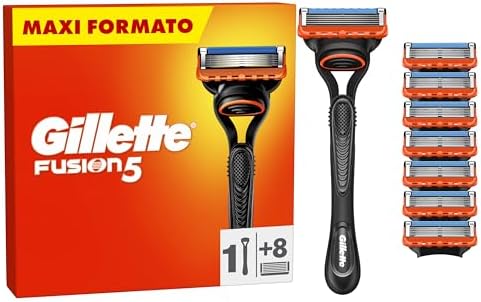 Gillette Rasoio Barba Manuale + 8 Lamette Gillette Fusion 5, LAMETTE DA BARBA Di Ricambio a 5 Lame e Rasoio Manuale Fusion 5, Rasatura Scorrevole con Striscia Lubrificante
