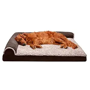 FurHaven Pet Dog Bed | Deluxe Memory Foam Chaise Faux Fur & Suede L-Shaped Lounge Sofa Pet Bed for Dogs & Cats, Espresso, Jumbo