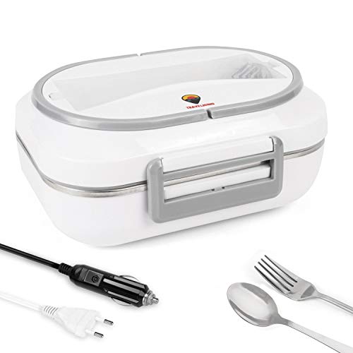 Fiambrera Electrica 2 en 1 para Coche/Camión y Trabajo 220V & 12V 45W - Tartera Termo Comida Caliente Acero Inoxidable - Taper con Cuchara Tenedor Incluidos y Tres Compartimentos