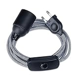 2 Meter lange Textilkabel-Zuleitung (2-adrig, 2x0.75mm²) mit Schalter 1-pol. und E27 Thermoplastfassung mit Glattmantel