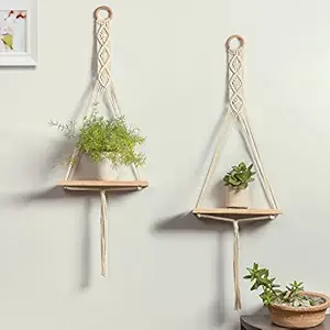 Decazone Macrame Wall Shelf Pure Cotton Cord Pine Wooden Hanging Floating Shelves Boho Rustic Decor 1 Tier for Bedroom Bathroom Living Room Set of 2 Beige 55 x 30