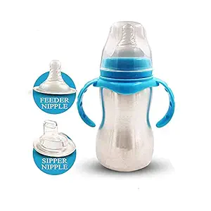 DOMENICO World Baby Feeding Bottle in Stainless Steel rganic Kidz High Grade Stainless Steel 2 in 1 Sipper and Feeding Bottle with Silicone Nipple for Baby (Blue - 240 ml)