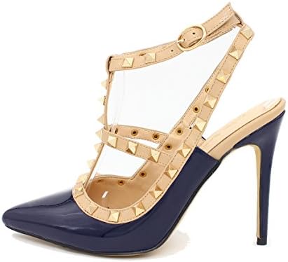 SexyPrey Women's Plus Size Pointed Toe Studded High Heels Ankle Strap Court Shoes Gladiator Sandals Navy Patent Uk7