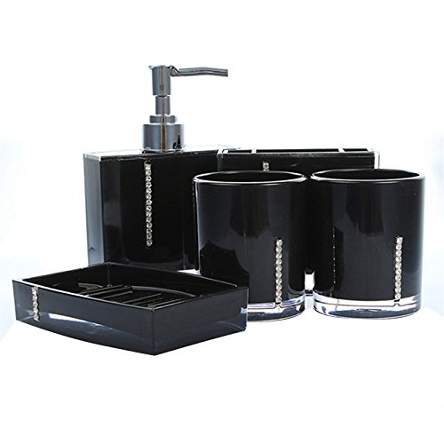 Badezimmer Accessoires - SODIAL(R)5 Teiliges Badezimmer Bad WC Accessoires Set Seifenspender Zahnputzbecher Schwarz