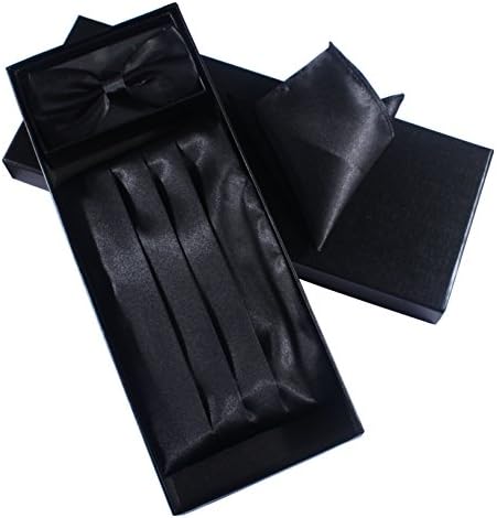 Satin Cummerbund Bow Tie and Hanky Set solid color pre-tied bowtie and pocket square gift box set (Black)
