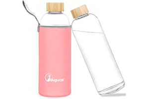 Bugucat Szklana butelka na napoje z borokrzemu, z pokrowcem ochronnym, szczelna butelka na wodę na zimne i gorące napoje, karafka do biura, szkoły, sportu, różowa