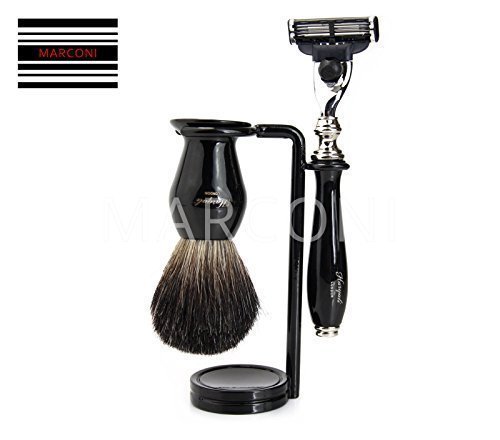 Luxury Wet Shaving Gift Set Kit -Gillette Mach 3 Razor, Badger Brush & Stand