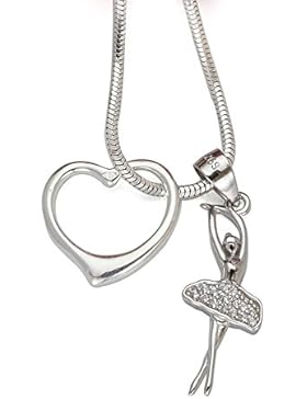 925 Silber Set Ballerina Tänzerin Zirkonia Anhänger mit Herz Anhänger + Silberkette #1199