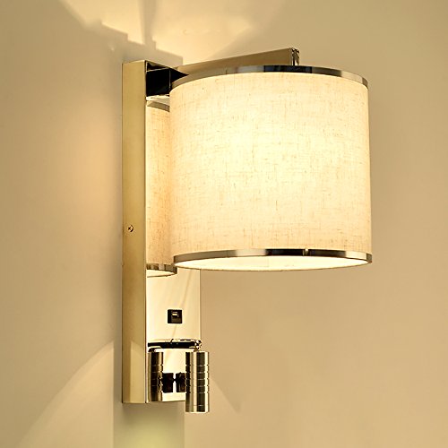 Z&D Wandleuchte Moderne Stoff Lampenschirm Edelstahl Wandleuchte Mit Einstellbare LED Leseleuchten Scheinwerfer Für Schlafzimmer/Wohnzimmer/Studie, 2 Schalter, E27, USB Lade Schnittstelle,2