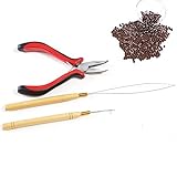 3pcs Kit for Nano Ring Link Hair and Feather Extensions: Pliers, Micro Pulling Needle, and Loop Threader (Brown)