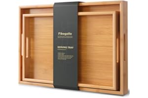 Fibogollo Bamboo Set of 2 Serving Tray with Handles,Decorative Trays Platter,Breakfast Tray in Bed,Food Drinks Trays for Eating,Working,Storing(Natural)
