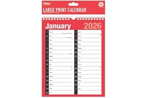 KAM LABELZ 2026 Large Print Calendar, Spiral Bound Wall Hanging Planner/Organiser| Large Red and Black Calendar| For Home Business Office School| With 2025 Notable Dates & Forward Planner 2027