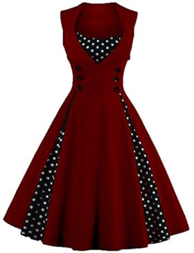 FLYCHEN Damen Vintage 50er Kleid Polka Dots Ärmellos Abendkleid mit Knöpfe Elegantes Cocktailkleid Rockabilly...