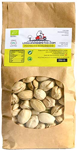 Pistacho Ecológico tostado con un toque de sal, cultivado en España (frutos secos naturales de agricultura ecológica, una bolsa de 250g de pistachos), de Losquesosdemitio