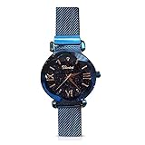 Gskj Damen Quarzuhr Mode Sternenhimmel Himmel Magnetisch Mesh-Gurt Schau Zu Strass Freizeit Netzwerkkette Glasspiegel Mädchen Uhr,Blue