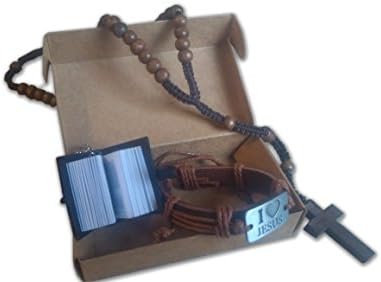 AtlantisForYou Jesus Christ Genuine Leather Set Holy Cross Rosary Bracelet Mini Bible Keychain