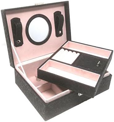 Jewellery Storage Box, 2 Layer Watch Ring Earrings Necklace Organiser Portable Box with Mirror (Black, Black-Textured-2in1-Jewellery-Box)