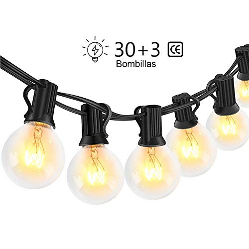 Guirnaldas luminosas de exterior,LECLSTAR G40 Cadena de Luces 10m con 30+3(Bombilla de Repuesto) Vintage Edison Incandescentes IP44 Impermeable Perefcto para Fiesta,Boda,Jardín Patio Cafe