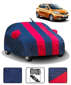 Spaiko Car Body Cover for Tata Tiago with Mirror and Antenna Pockets (Full Sized, Full Bottom Elastic, Red & Blue Stripe Design)