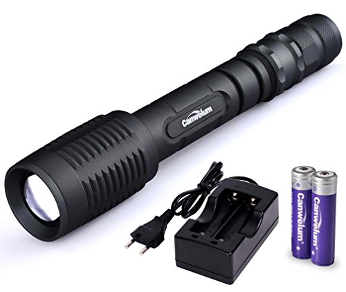 Canwelum Ultra-helle Zoom CREE LED-Taschenlampe, Aufladbare Taschenlampe mit 2 x Batterie und mit intelligenten Schwanz Button Switch (A Komplett-Set mit Akku und Ladegerät)