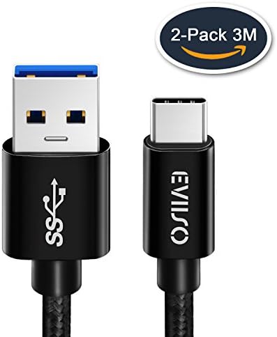 USB 3.0 Type C Cable, EVIISO 3M Nylon Braided USB C 3.0 A Fast Charging Cable Data Syncing Charger Cable Lead for Samsung Galaxy Note 8/S8/A5 2017,Sony Xperia XZ,Huawei P10 P9,LG Nexus 5X/6P [2-Pack]