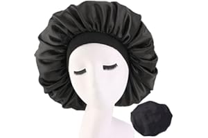 SZXMDKH Duży jedwabisty czepek satynowy z szeroką elastyczną opaską, miękki czepek do spania, czapka nocna, duże czepki do włosów, nakrycie głowy dla kobiet, kręcone, naturalne, długie włosy (czarne)