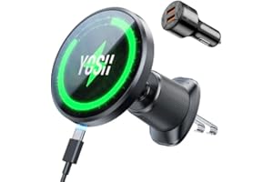 ‎YOSH YOSH Uchwyt Samochodowy Mag-Safe z Funkcją Ładowania 15W, [Podwójny Metalowy Hak 3.0 i Silne Magnesy N55], Uchwyt na Telefon do Samochodu do Ładowarki dla iPhone Samsung, z Ładowarką Samochodową 36W
