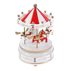 Wooden Carousel Music Box Wooden Decorative Toy Desktop Musical Box Gifts for Christmas Birthday Valentine's Day (Red)