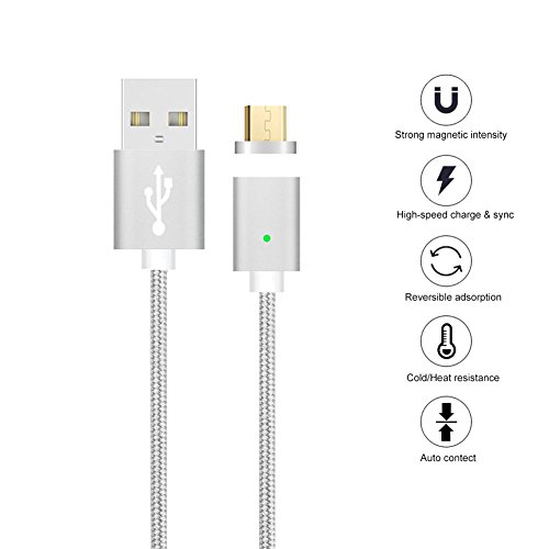 Magnetische Mrico USB Ladekabel Datenkabel, TUOYA 1 M Micro USB Magnet Ladekabel Kabel Charger Lade Kabel Netzteil Adapter High Speed Sync und Schnellladekern mit LED Statusanzeige für Android Smartphones, Samsung Galaxy S7 Edge S7 S6 S5, HTC, Sony, Nexus und mehr (Silber) - 4