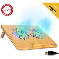 KLIMTM Bamboo - Refroidisseur PC Portable - Vitesse réglable - Support ventilé avec Structure en Bambou pour Ordinateur 10' à 15,6' - Extra Port USB [ Nouvelle 2020 Version ]