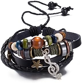 Unisex Men Women Black Leather Bracelet Vintage Jewelry Music Note Beads Stars Bangle Wristband