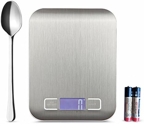 Aincrso Digital Kitchen Scale Multifunction Food Scale for Cooking Baking, Sliver Stainless Steel Platform, Weight Max 5 kg / 11 lb, Batteries and Spoon Included