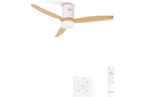 CREATE / WINDCALM S/Deckenventilator ABS mit Beleuchtung Weiß Hellesholzflügel-Optik mit Wandschalter und Fernbedienung / 40W, Leise, Ø112cm, 3 LED-Temperaturen, Timer, Sommer-Winterbetrieb