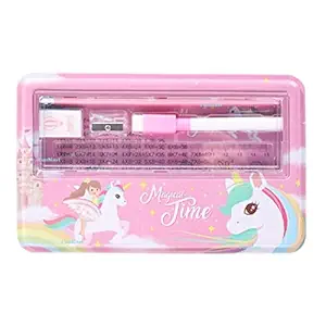 FunBlast Pencil Box for Kids, Metal Pencil Box Case with Pencil, Eraser, Sharpener Stationery Set ? Double Layer Pencil Case Stationary Organizer for Kids, Boys, Girls (Unicorn)