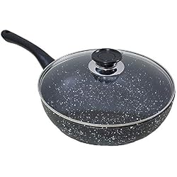 Poêle Wok noire Pierre volcanique anti-adhésive avec revêtement en pierre de lave et couvercle en verre