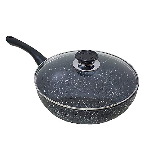 Poêle Wok noire Pierre volcanique anti-adhésive avec revêtement en pierre de lave et couvercle en verre