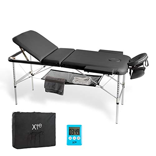Camilla de masaje, 3 zonas, de aluminio, portátil y reclinable, con temporizador y toallero incluidos, color negro