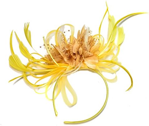 Bright Yellow & Camel Beige Feathers Fascinator on Headband Alice Band UK Wedding Ascot Races Derby
